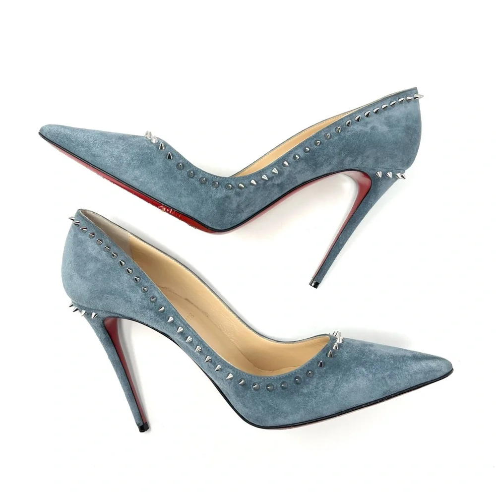 Christian Louboutin Blue Suede Anjalina Spike Studded High Heels Pumps 39.5 9.5